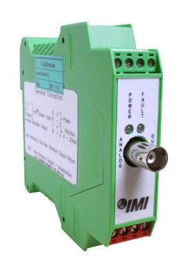 din rail mount vibration transmitter (for use w/icp sensor), 4-20 ma output for fixed 0-1 ips pk vibration, raw vibration output, fixed 3.5 hz to 10 khz frequency range
